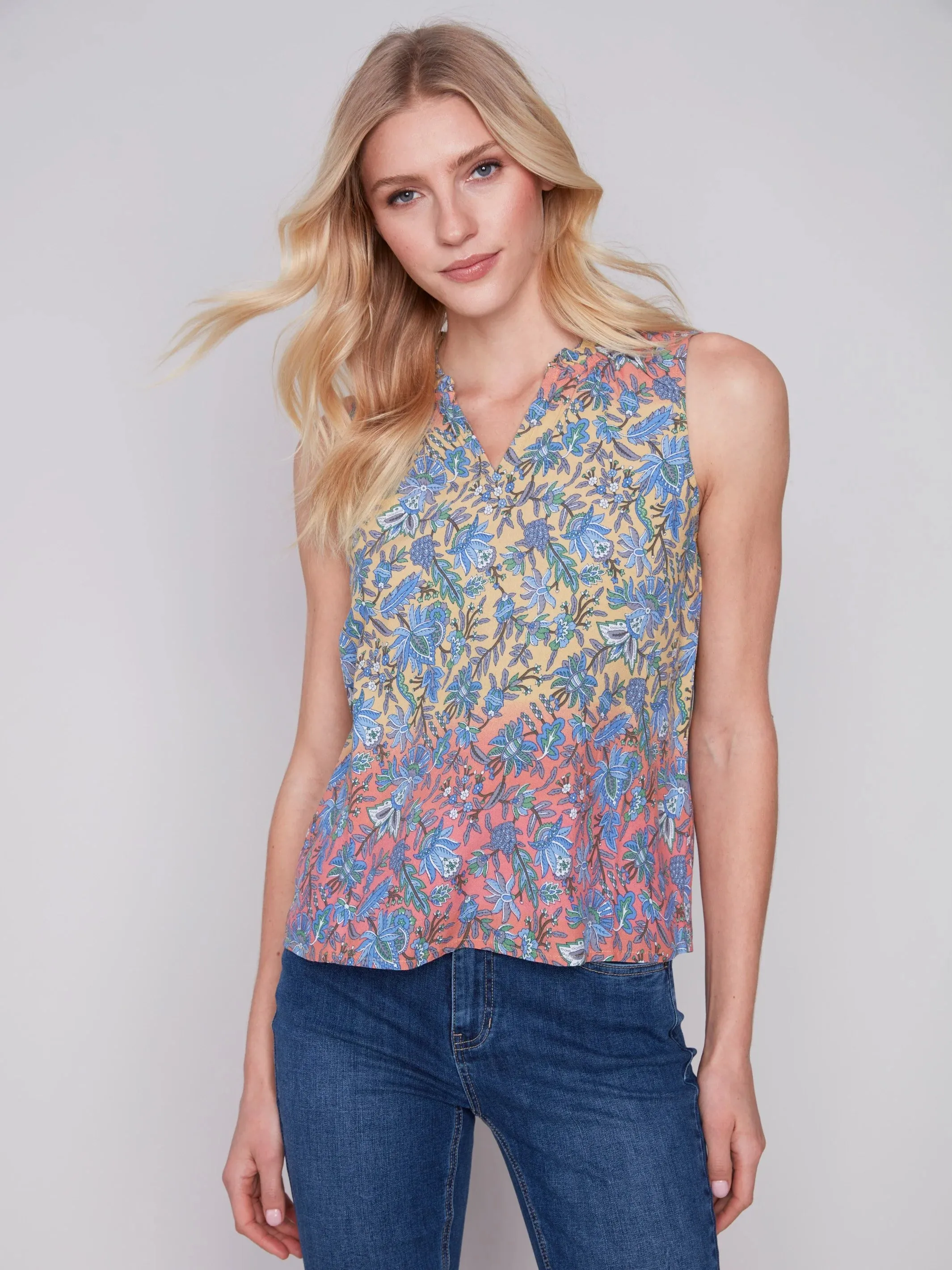 Printed Sleeveless Blouse with Ruffle Collar