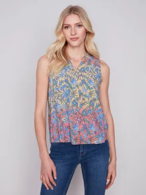 Printed Sleeveless Blouse with Ruffle Collar