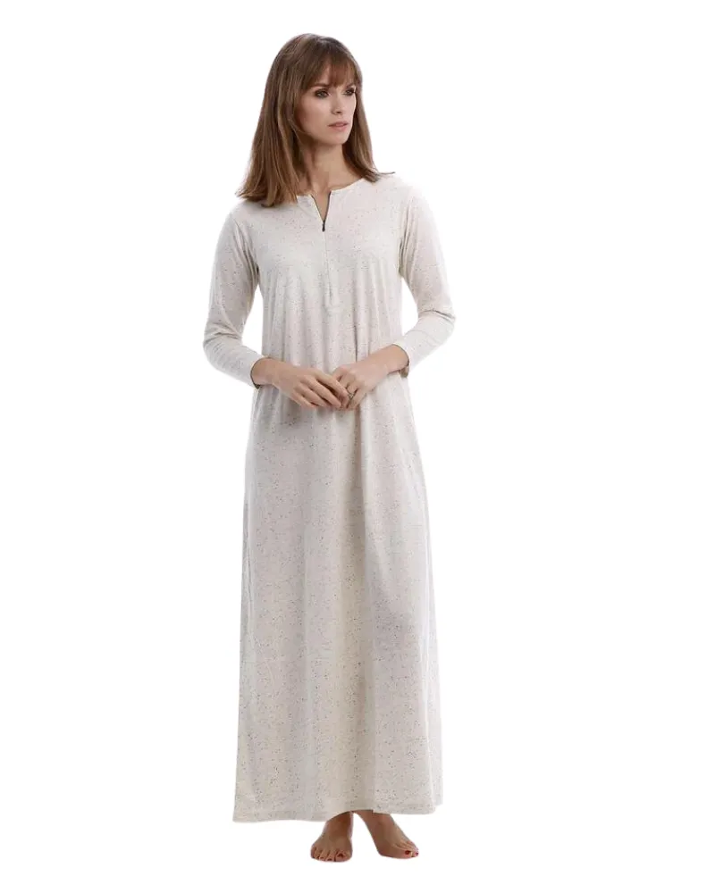 Rojo London Minimalist Oatmeal Speckled Cotton Zip Front Nightgown & Hoodie Set