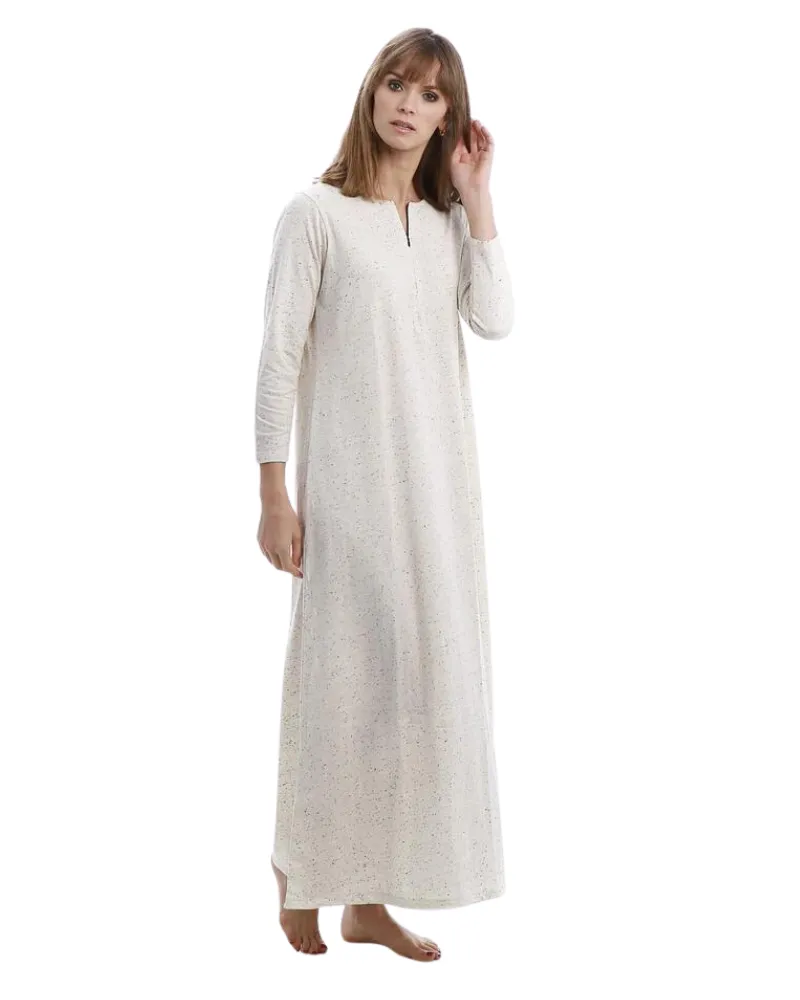 Rojo London Minimalist Oatmeal Speckled Cotton Zip Front Nightgown & Hoodie Set