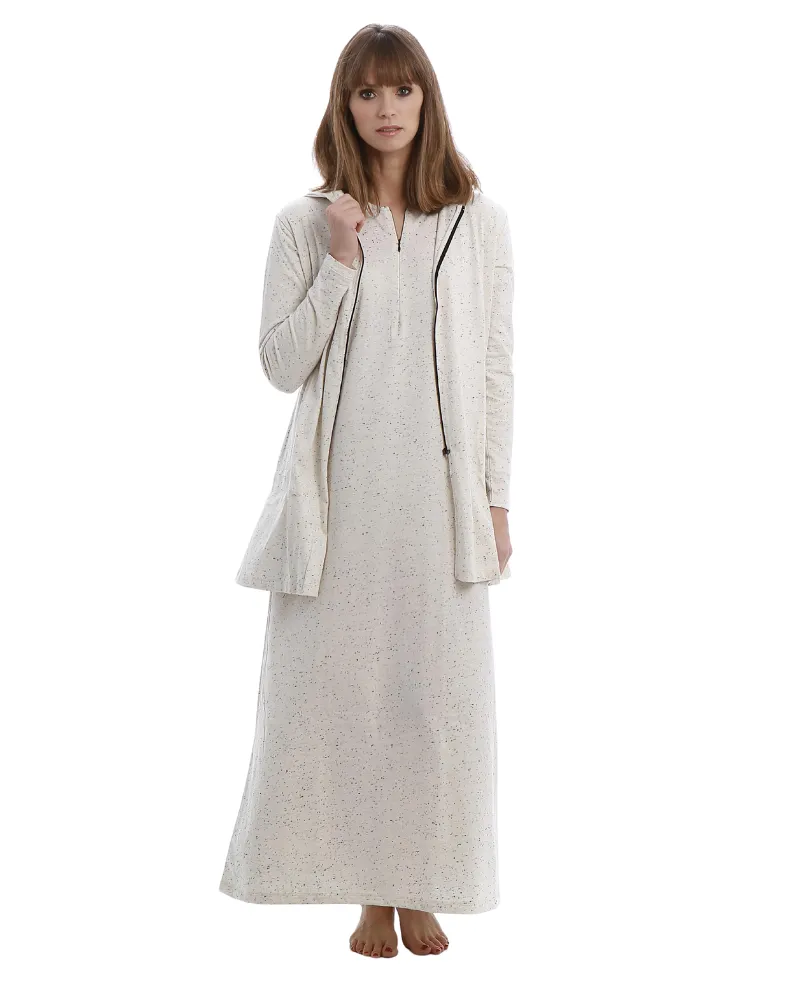 Rojo London Minimalist Oatmeal Speckled Cotton Zip Front Nightgown & Hoodie Set
