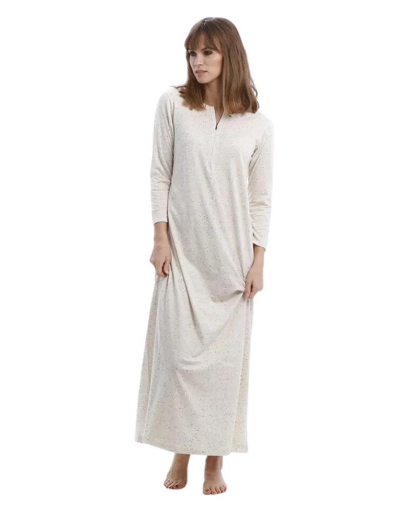 Rojo London Minimalist Oatmeal Speckled Cotton Zip Front Nightgown & Hoodie Set