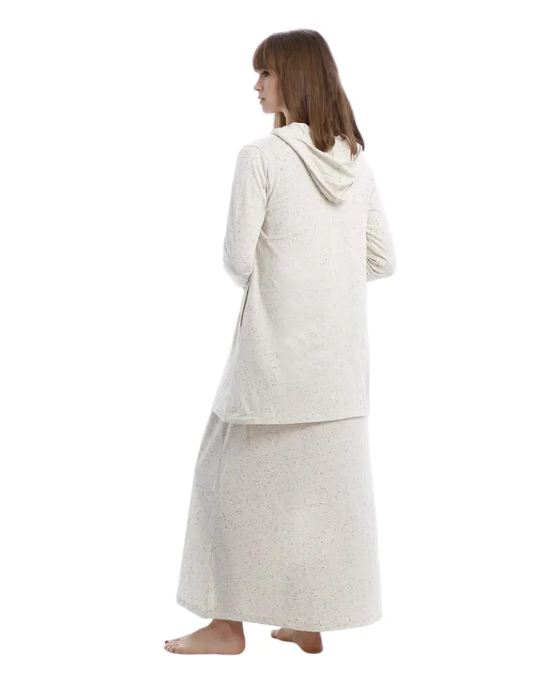 Rojo London Minimalist Oatmeal Speckled Cotton Zip Front Nightgown & Hoodie Set