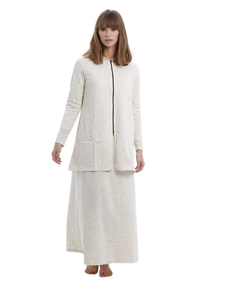 Rojo London Minimalist Oatmeal Speckled Cotton Zip Front Nightgown & Hoodie Set