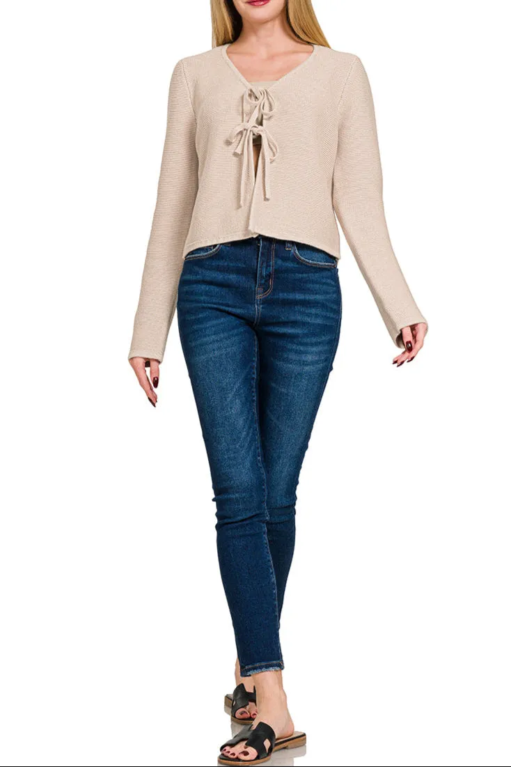 Sand Beige Tie Front 100% Cotton Sweater Cardigan