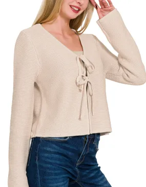 Sand Beige Tie Front 100% Cotton Sweater Cardigan