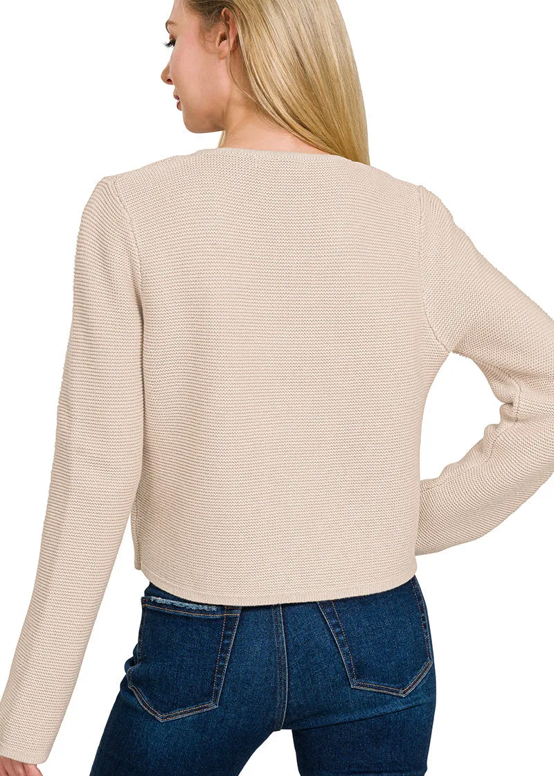 Sand Beige Tie Front 100% Cotton Sweater Cardigan