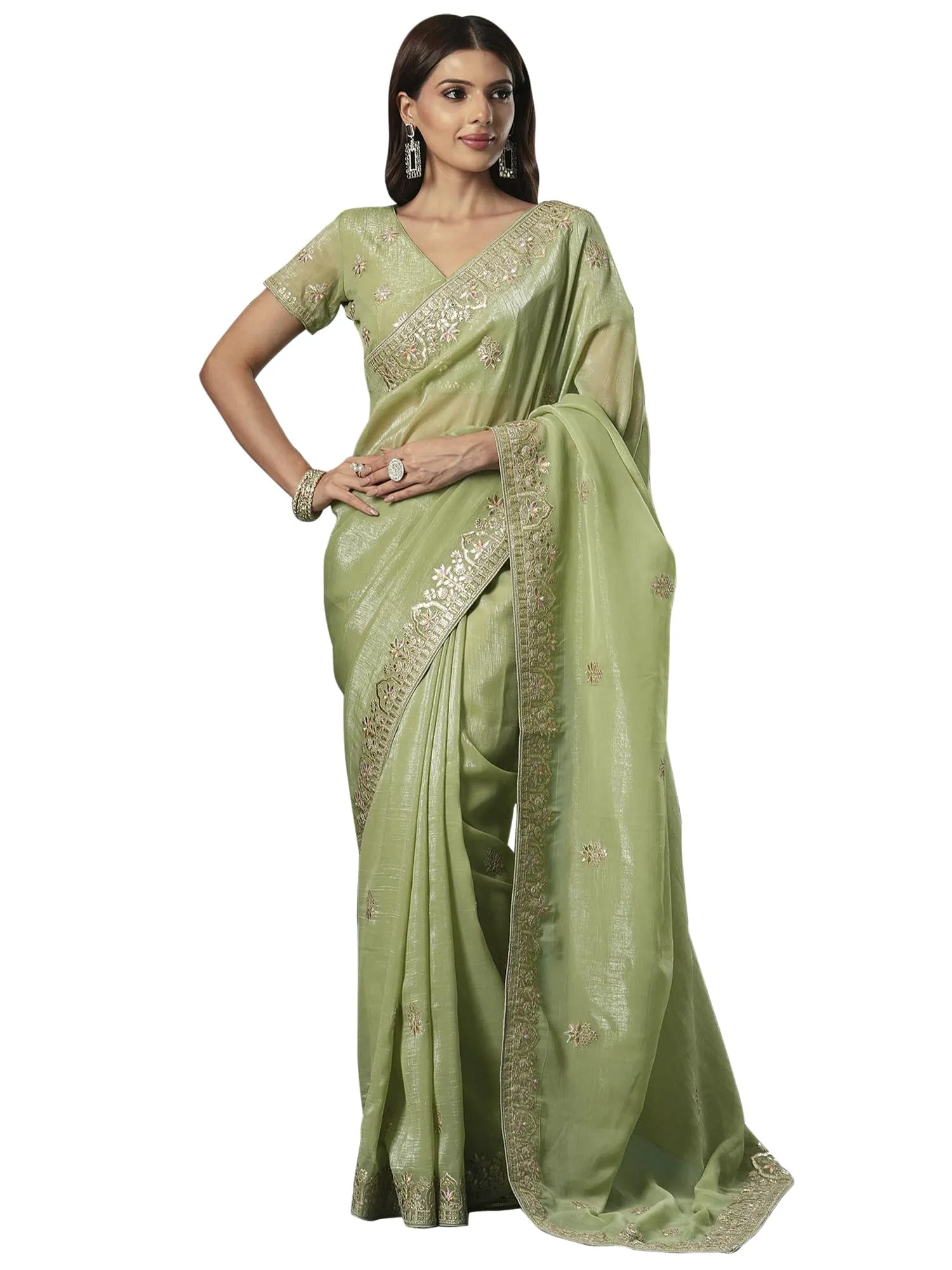 SAREE MALL Women's Light Green Satin Silk Embroidered Saree With Unstitched Blouse (KRIYNS5001_KH)
