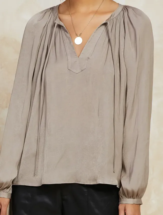 Split Neck Long Sleeve Blouse with Tie by Current Air
