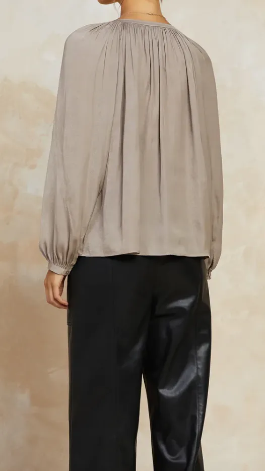 Split Neck Long Sleeve Blouse with Tie by Current Air