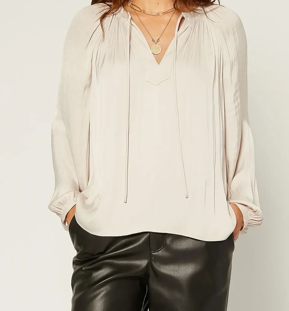 Split Neck Long Sleeve Blouse with Tie by Current Air