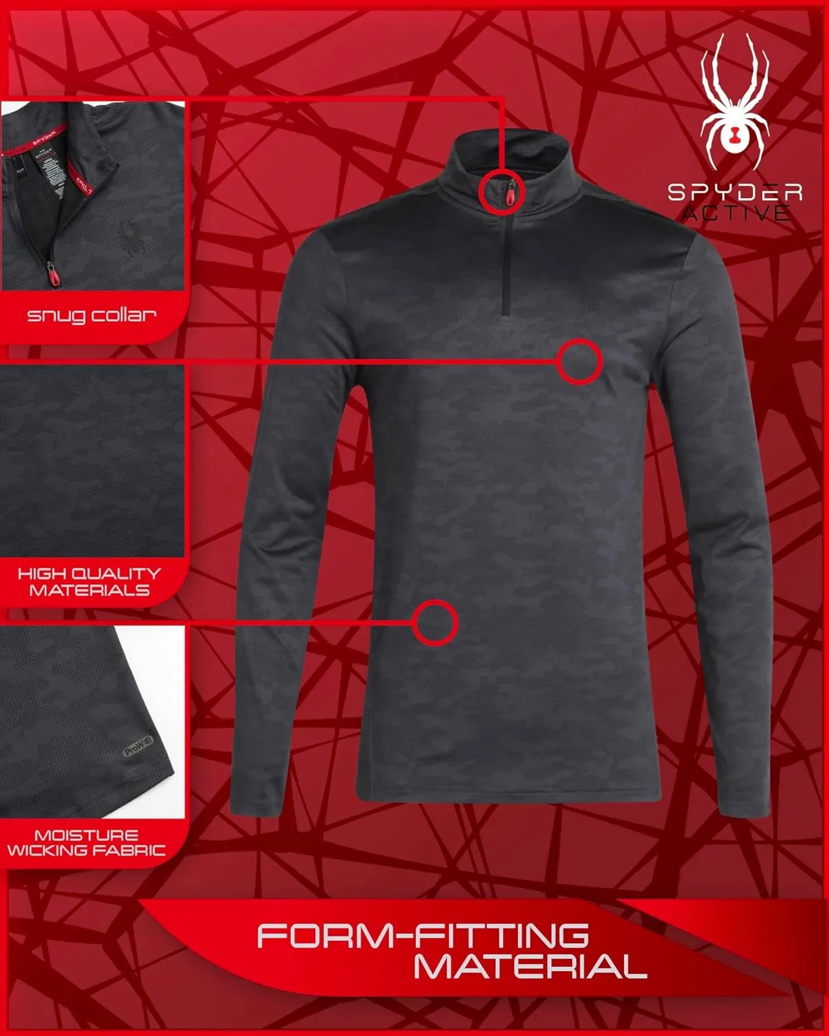 Spyder Men's Active Shirt - Quarter Zip Long Sleeve Fitted Performance Pullover - 1/4 Zip Camo Workout Top for Men (S-XL)