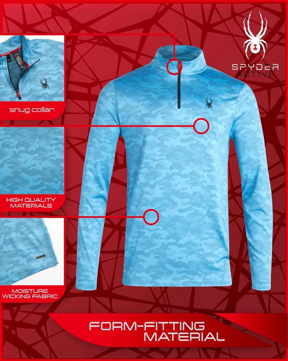 Spyder Men's Active Shirt - Quarter Zip Long Sleeve Fitted Performance Pullover - 1/4 Zip Camo Workout Top for Men (S-XL)