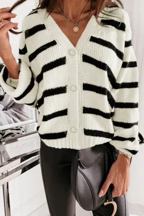 Striped V-Neck Buttoned Open Front Knitted Sweater