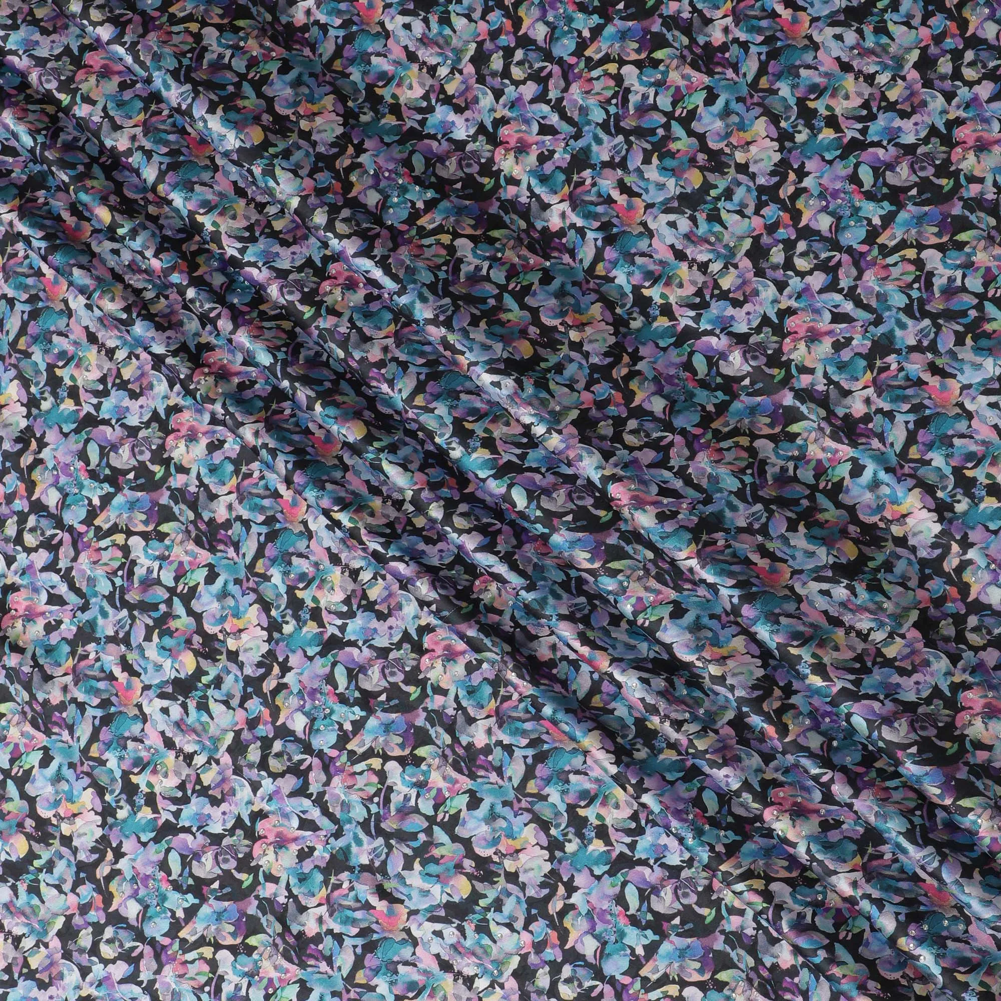 Synthetic Modal Satin Fabric with Stone Work, Vibrant Abstract Floral Design, Black, 110 cm Width-20034
