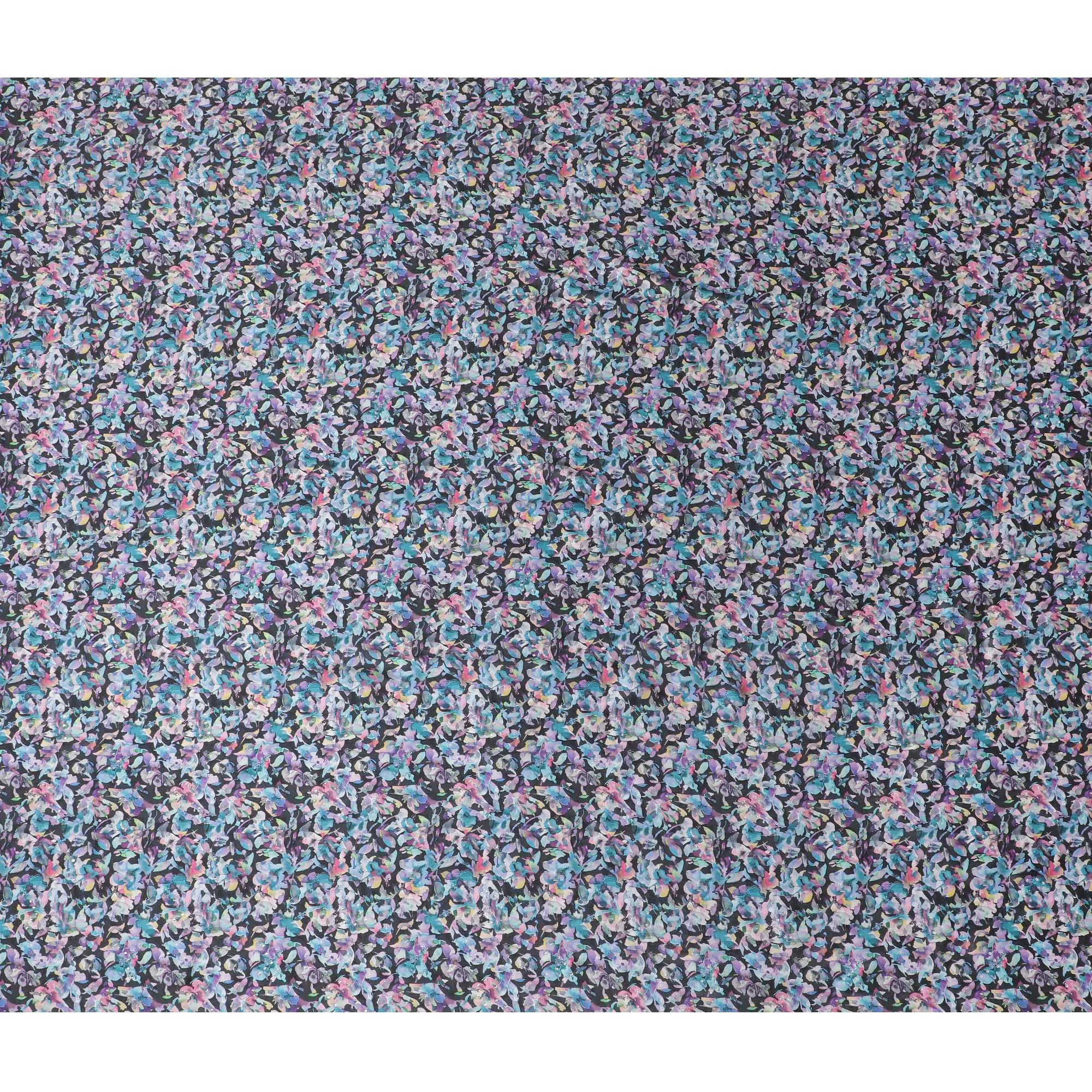 Synthetic Modal Satin Fabric with Stone Work, Vibrant Abstract Floral Design, Black, 110 cm Width-20034