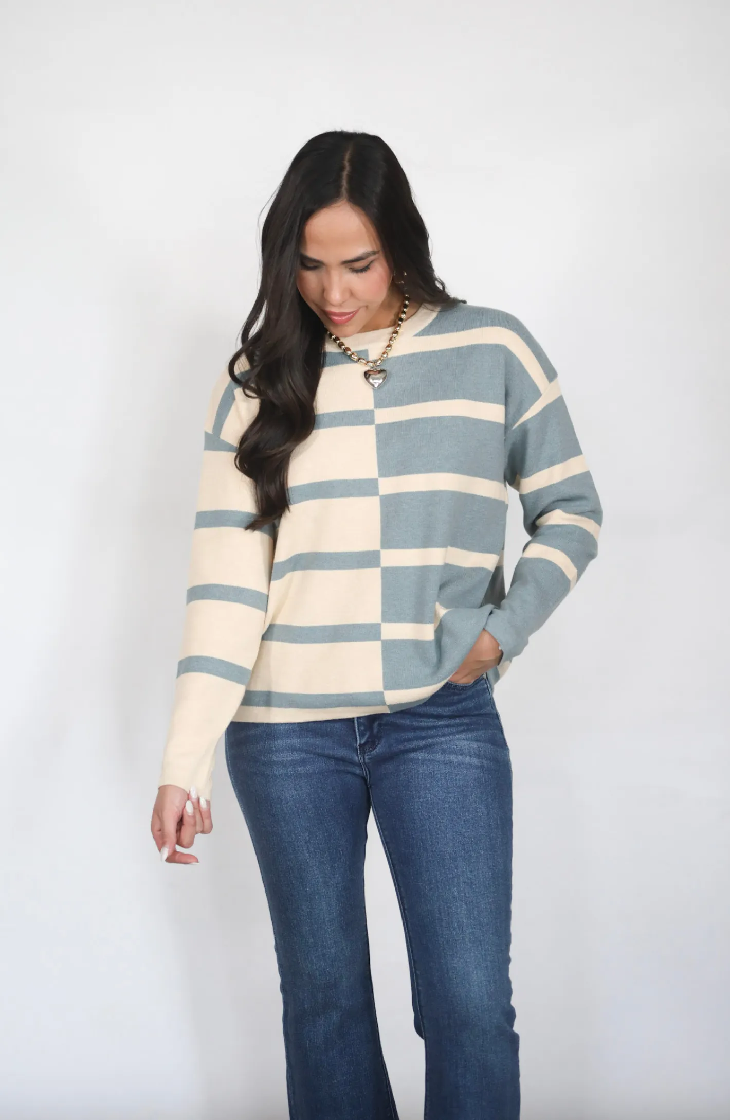 Tell Me Everything Cream/Slate Color Block Sweater