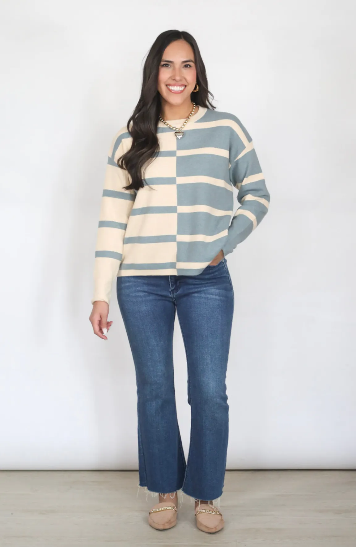 Tell Me Everything Cream/Slate Color Block Sweater