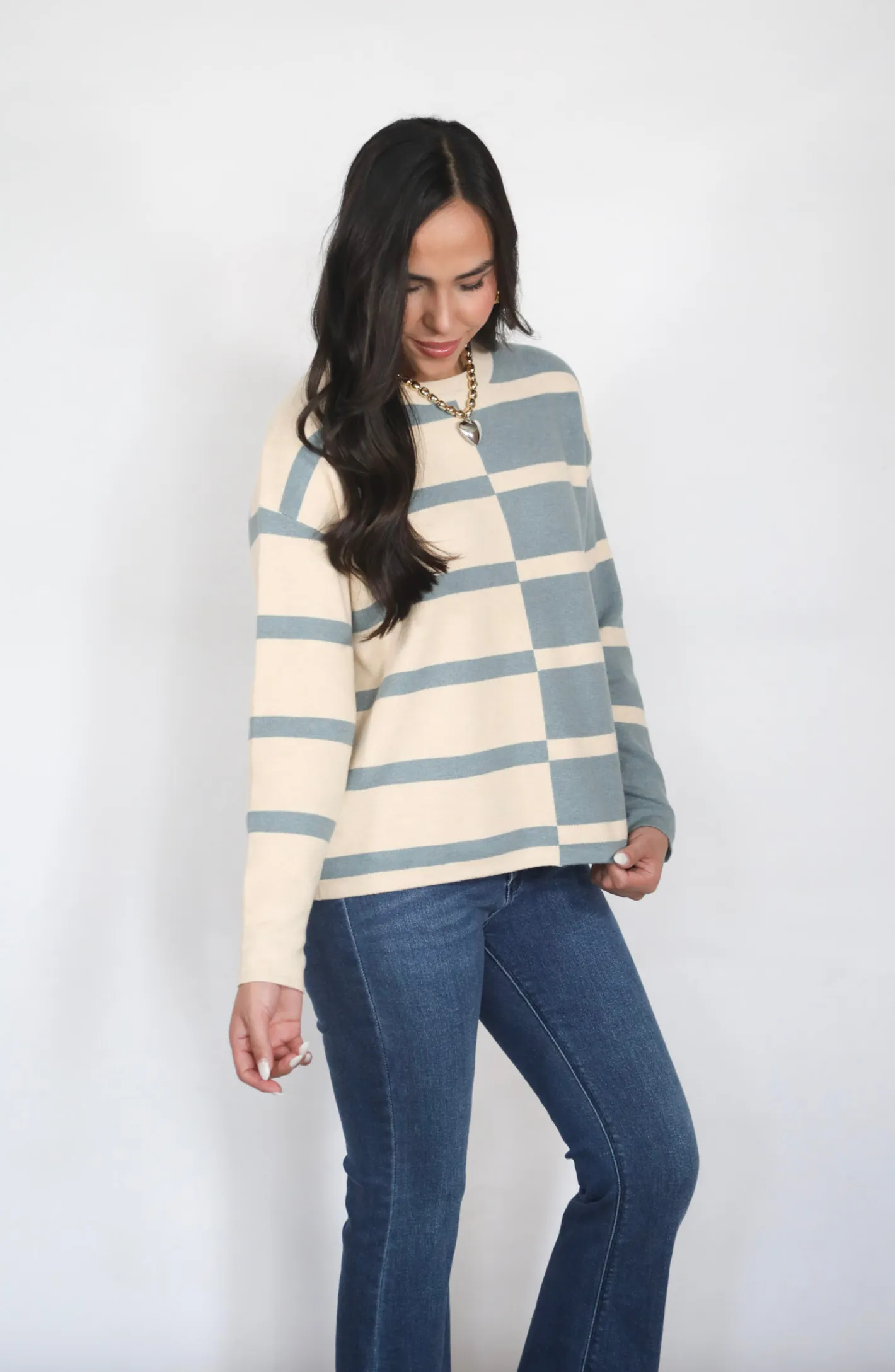 Tell Me Everything Cream/Slate Color Block Sweater