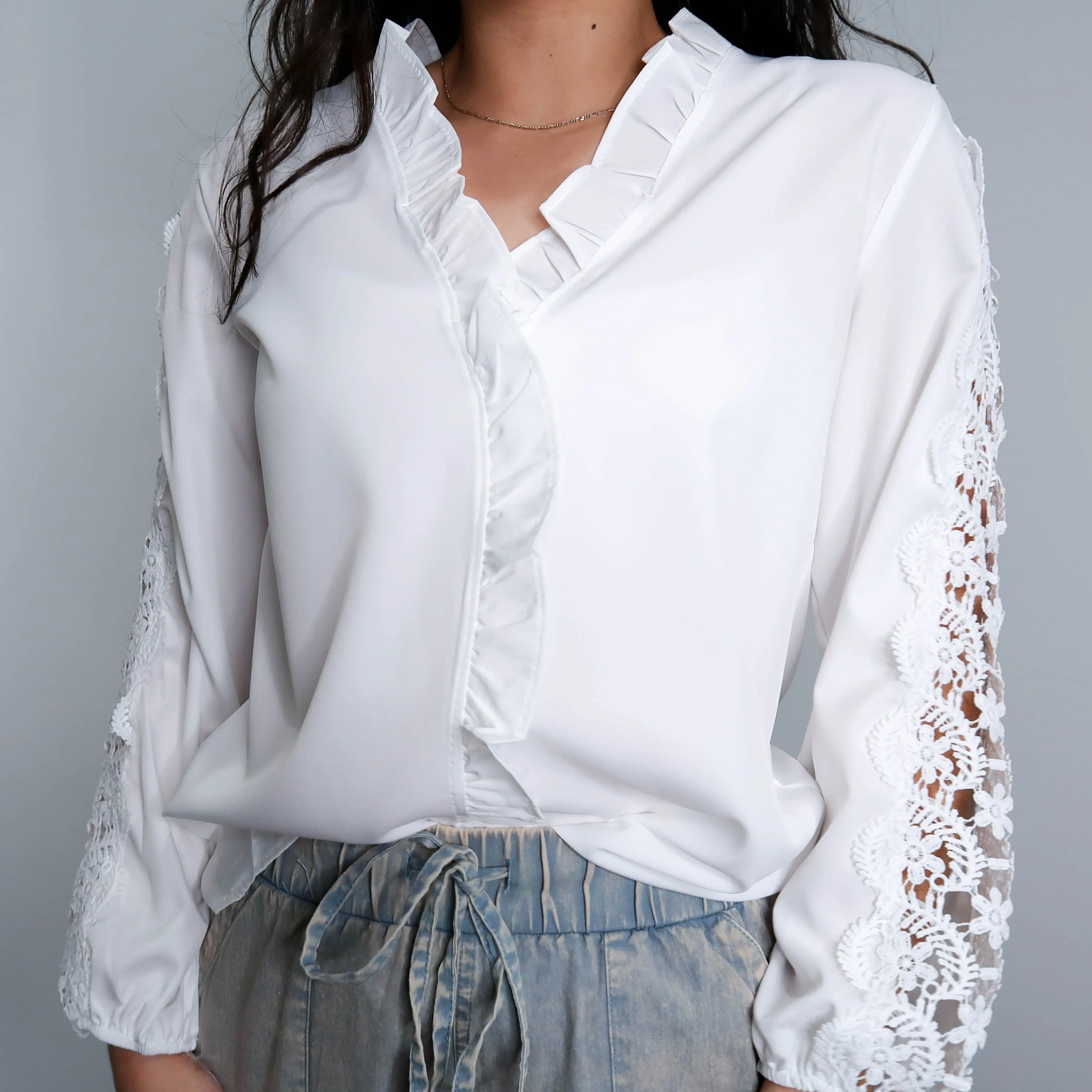 White Lace Sleeves and Ruffled Collar Blouse