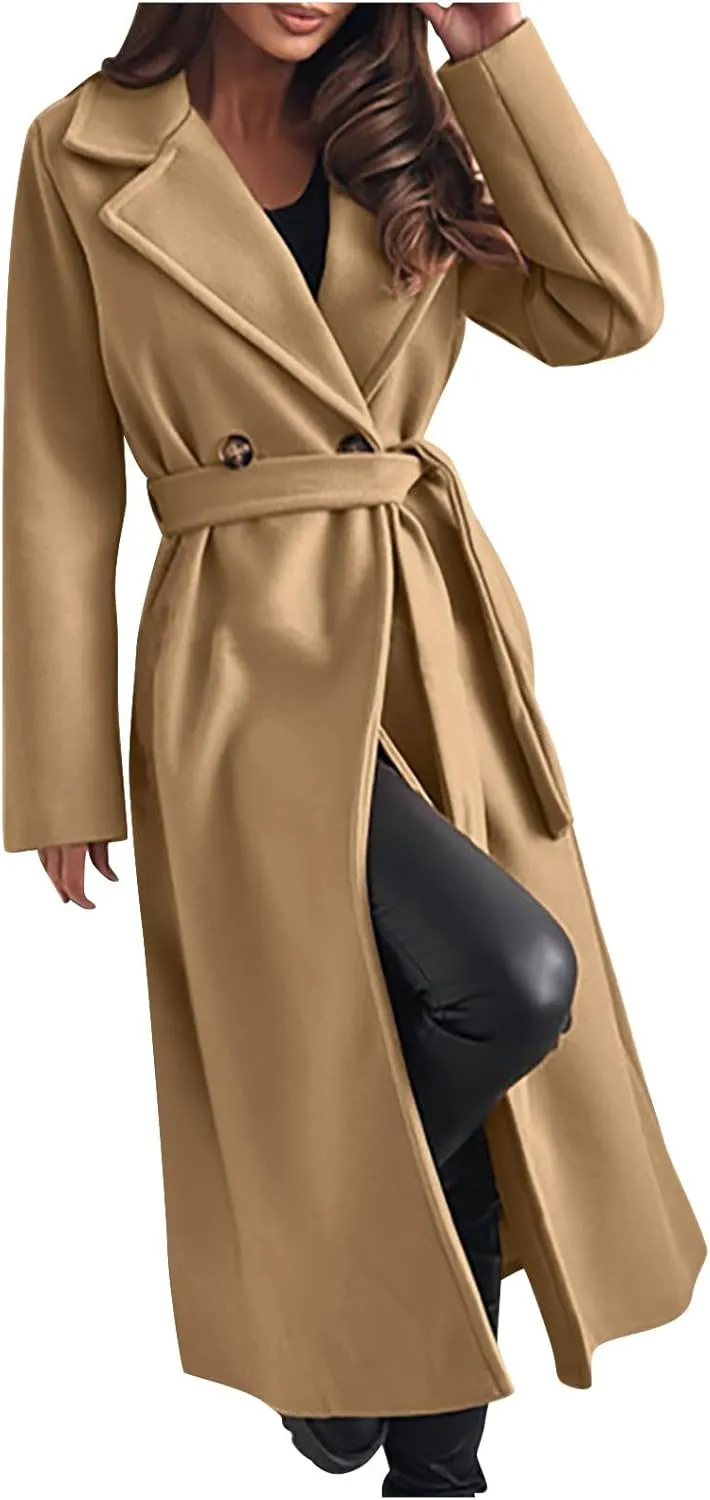 Women's Belted Casual Trench Coat, Oversized Loose Open Front Jackets Long Sleeve Elegant Evening Club Clothes Tops