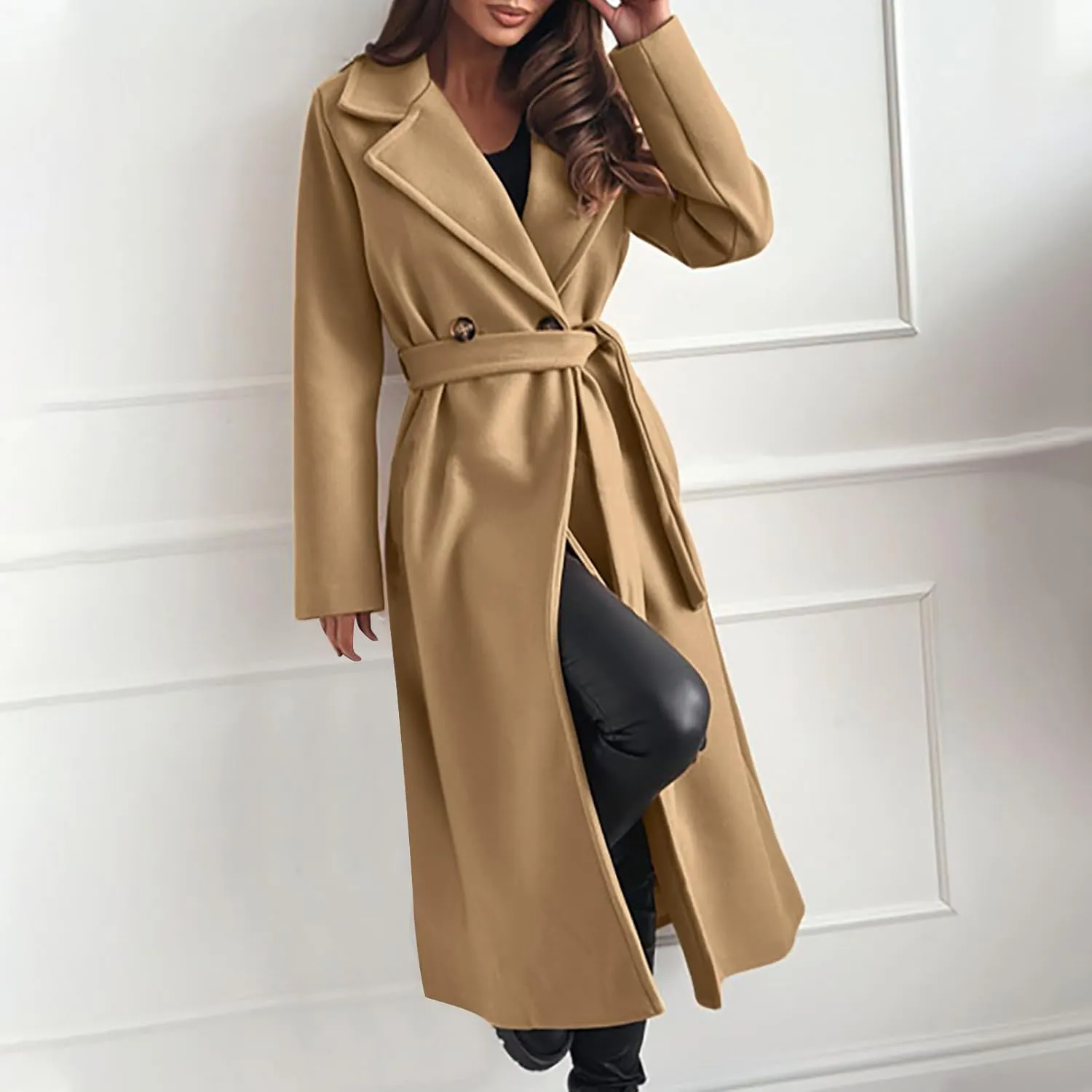 Women's Belted Casual Trench Coat, Oversized Loose Open Front Jackets Long Sleeve Elegant Evening Club Clothes Tops