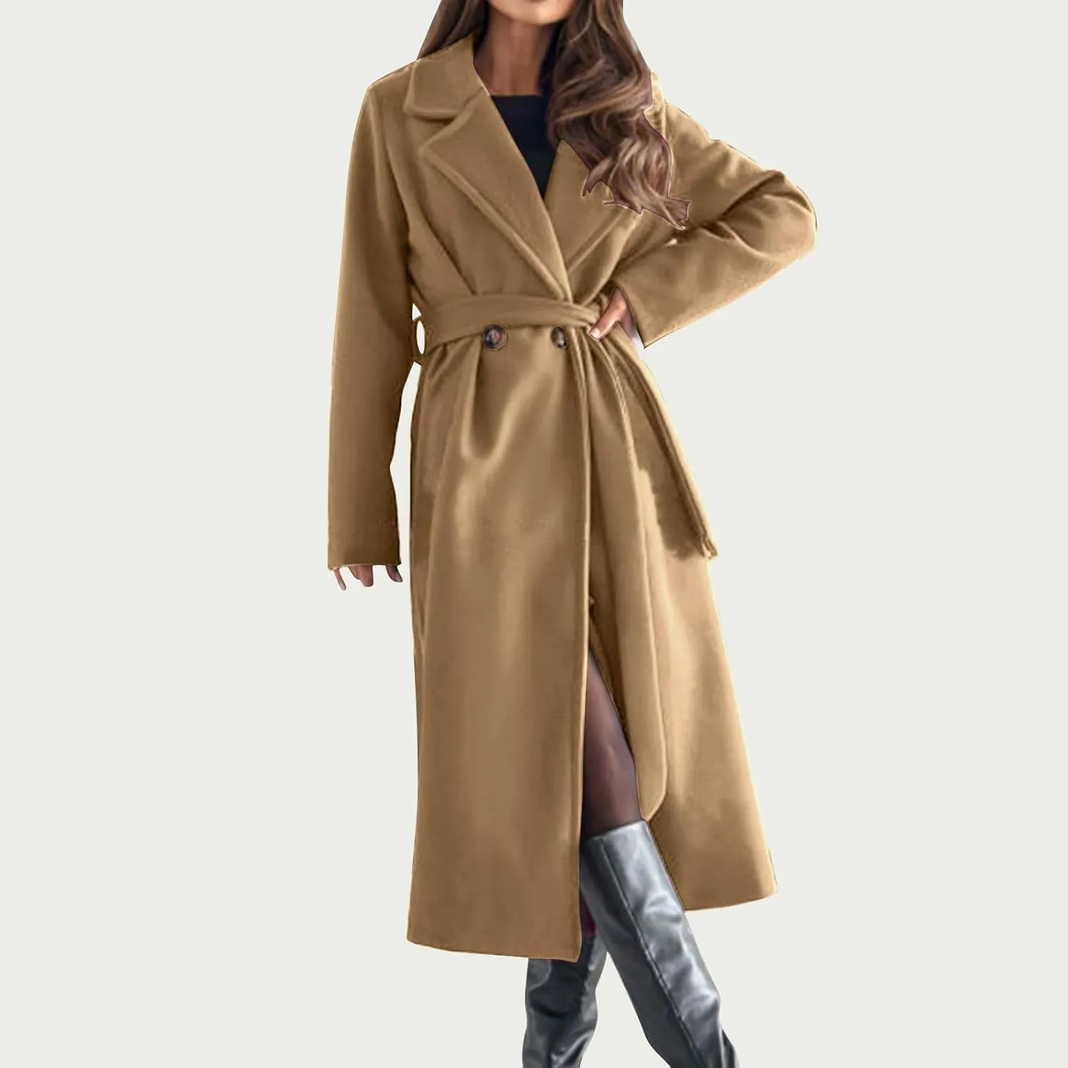 Women's Belted Casual Trench Coat, Oversized Loose Open Front Jackets Long Sleeve Elegant Evening Club Clothes Tops
