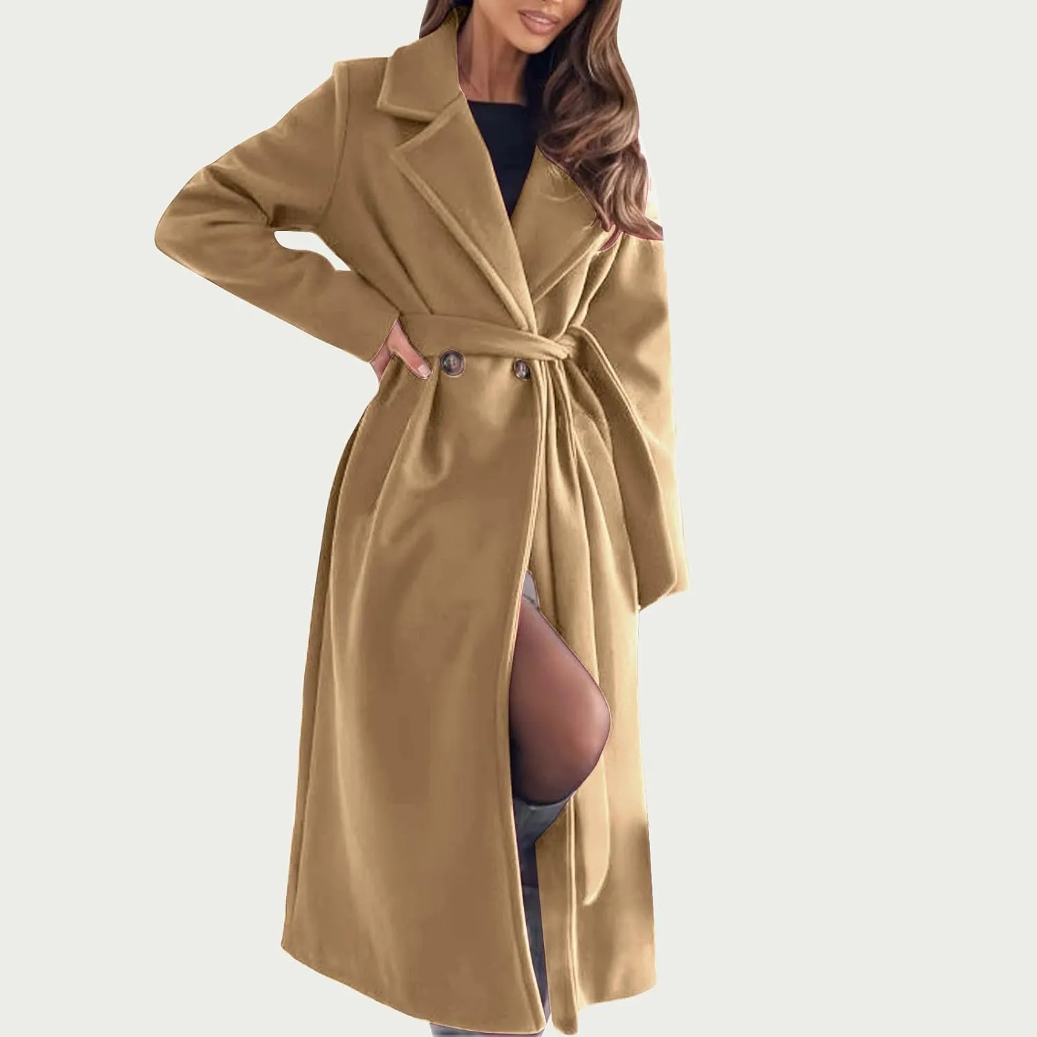 Women's Belted Casual Trench Coat, Oversized Loose Open Front Jackets Long Sleeve Elegant Evening Club Clothes Tops