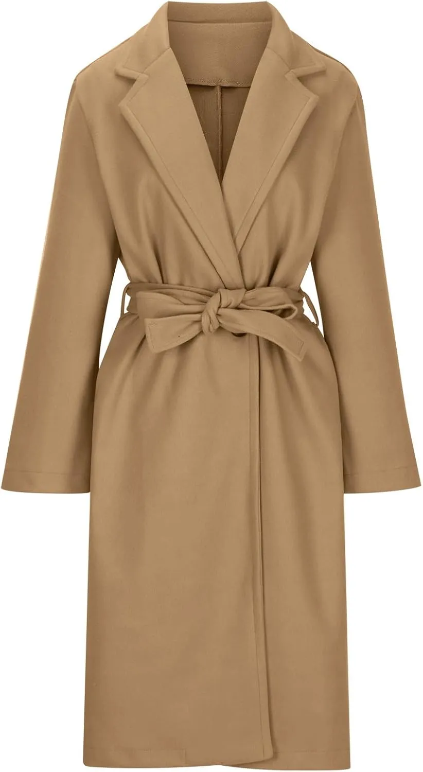 Women's Belted Casual Trench Coat, Oversized Loose Open Front Jackets Long Sleeve Elegant Evening Club Clothes Tops