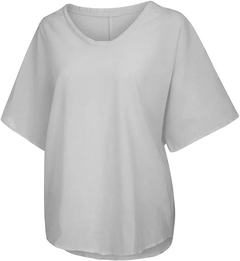Women's Casual Plus Size Tops Summer Cotton and linen Blouse Solid Color Round Neck Short Sleeves T-Shirt