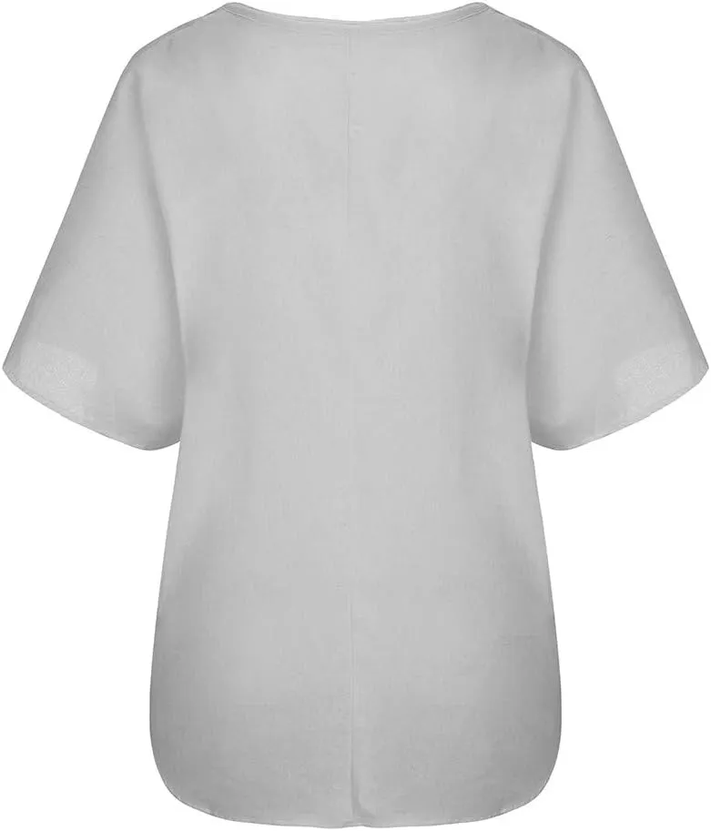 Women's Casual Plus Size Tops Summer Cotton and linen Blouse Solid Color Round Neck Short Sleeves T-Shirt