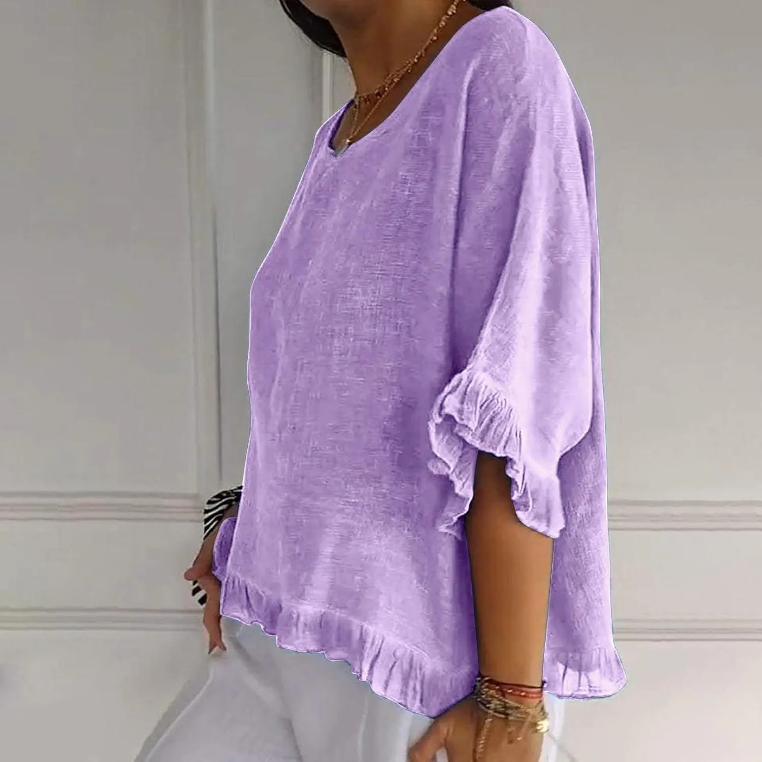 Women's Casual Ruffle 3/4 Sleeve Blouses Cotton Linen Tops Plus Size Summer Loose Fit Ruffled Hem Tunic Shirts