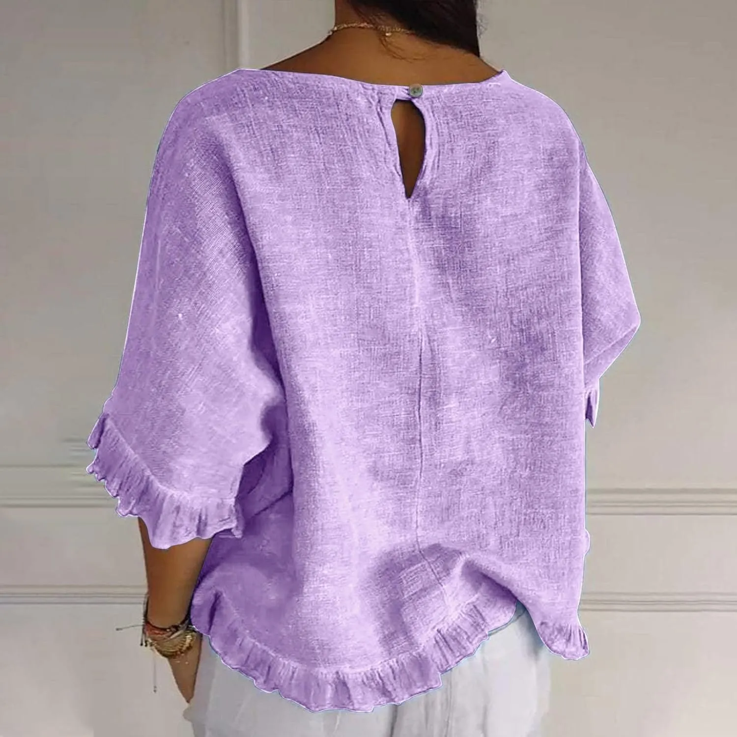 Women's Casual Ruffle 3/4 Sleeve Blouses Cotton Linen Tops Plus Size Summer Loose Fit Ruffled Hem Tunic Shirts