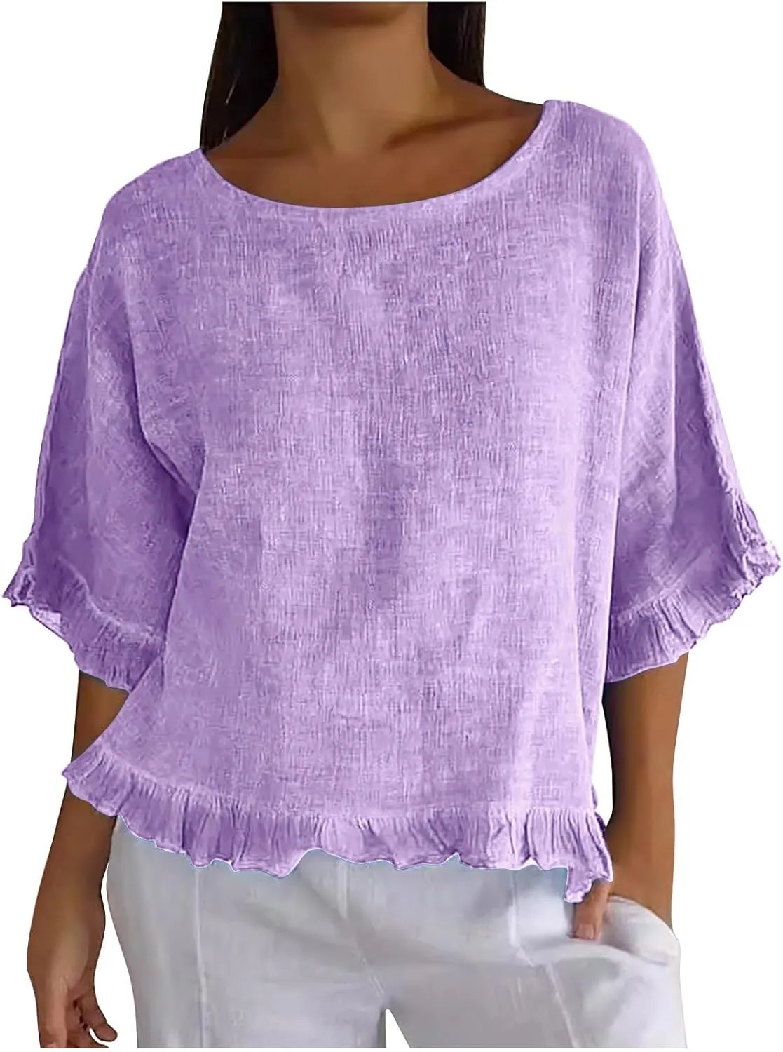 Women's Casual Ruffle 3/4 Sleeve Blouses Cotton Linen Tops Plus Size Summer Loose Fit Ruffled Hem Tunic Shirts