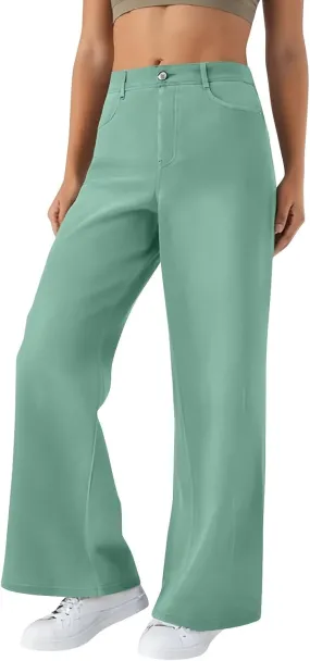 Women's Jeans Dressy Straight Loose Wide Leg Jeans Petite Summer Elastic Waist Soft Denim Pants with Pockets