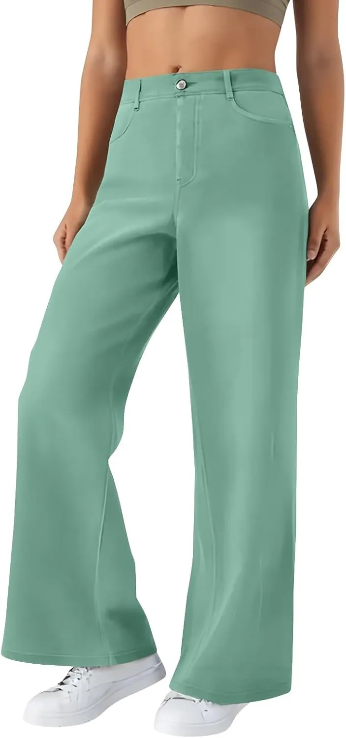 Women's Jeans Dressy Straight Loose Wide Leg Jeans Petite Summer Elastic Waist Soft Denim Pants with Pockets