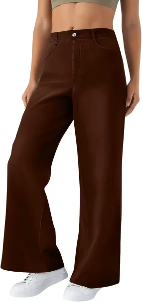 Women's Jeans Dressy Straight Loose Wide Leg Jeans Petite Summer Elastic Waist Soft Denim Pants with Pockets