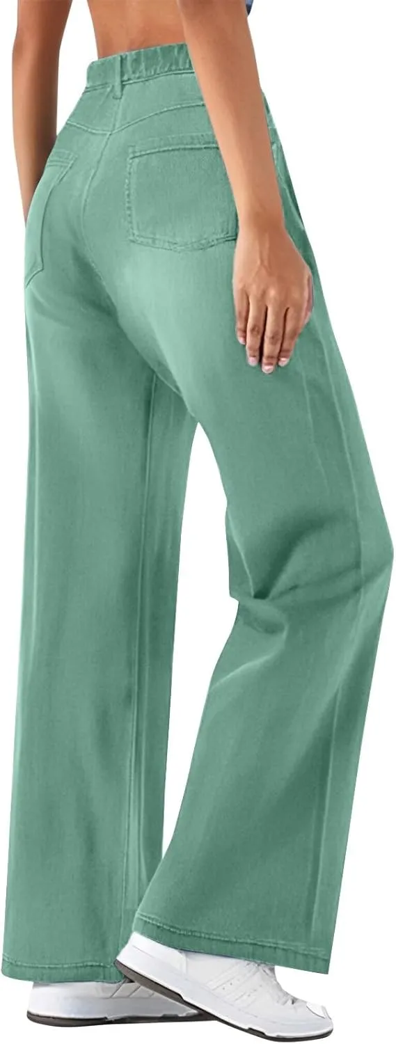Women's Jeans Dressy Straight Loose Wide Leg Jeans Petite Summer Elastic Waist Soft Denim Pants with Pockets