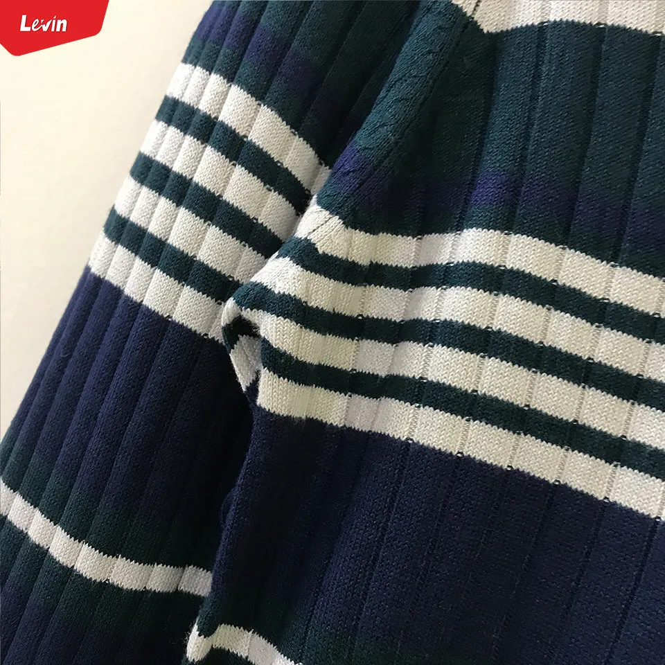 Womens Knitted Long Sleeve Striped Crew Neck Sweater Pullover Jumpers