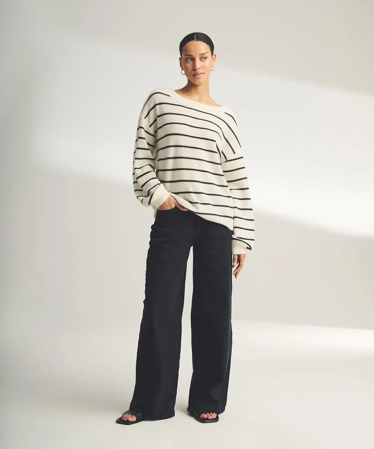 Women's Lightweight Reversible Cashmere Striped Wide Neck Sweater