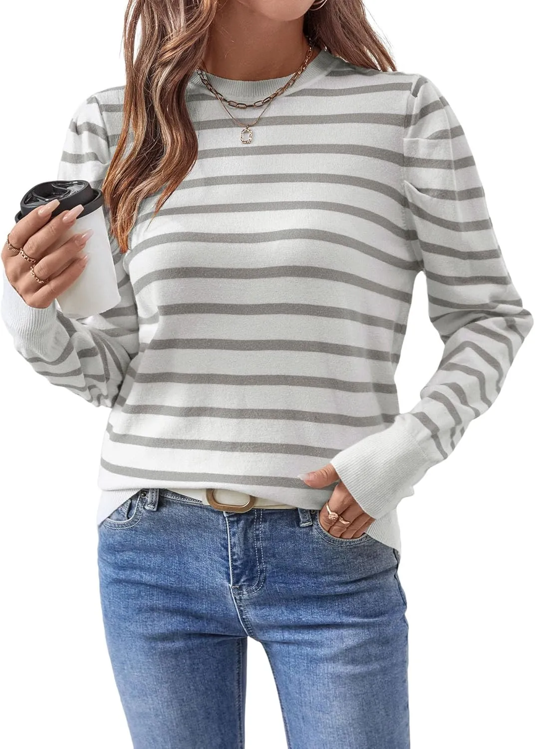 Women's Long Puff Sleeve Knit Tops Trendy Crew Neck Striped Blouses Casual Pullover Sweater