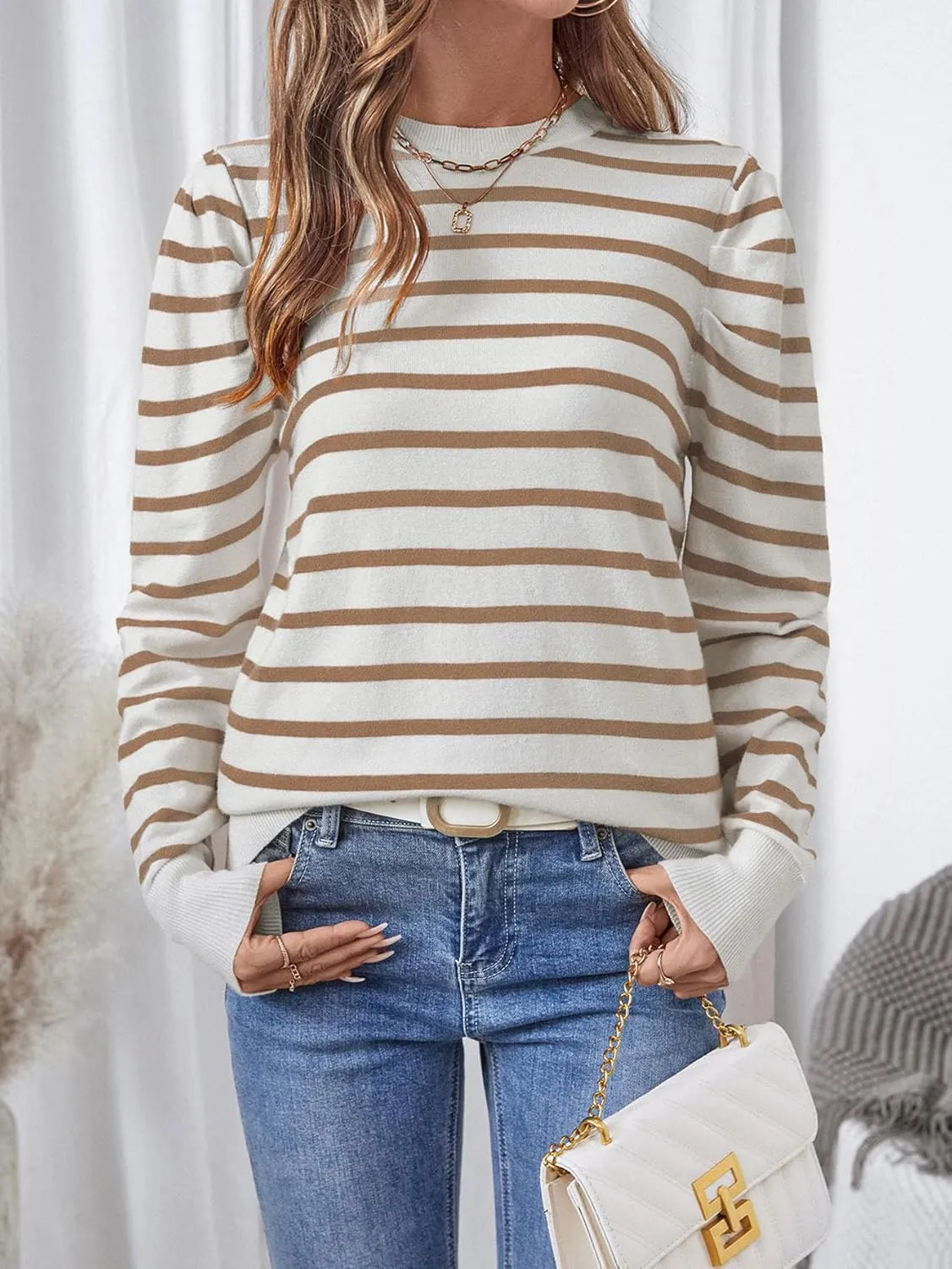 Women's Long Puff Sleeve Knit Tops Trendy Crew Neck Striped Blouses Casual Pullover Sweater