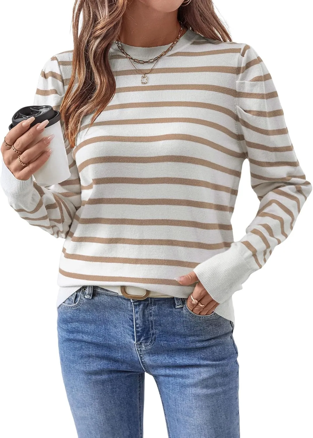 Women's Long Puff Sleeve Knit Tops Trendy Crew Neck Striped Blouses Casual Pullover Sweater