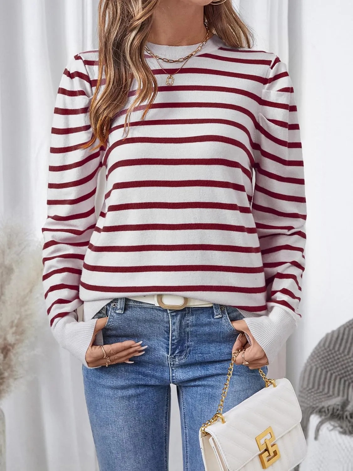 Women's Long Puff Sleeve Knit Tops Trendy Crew Neck Striped Blouses Casual Pullover Sweater