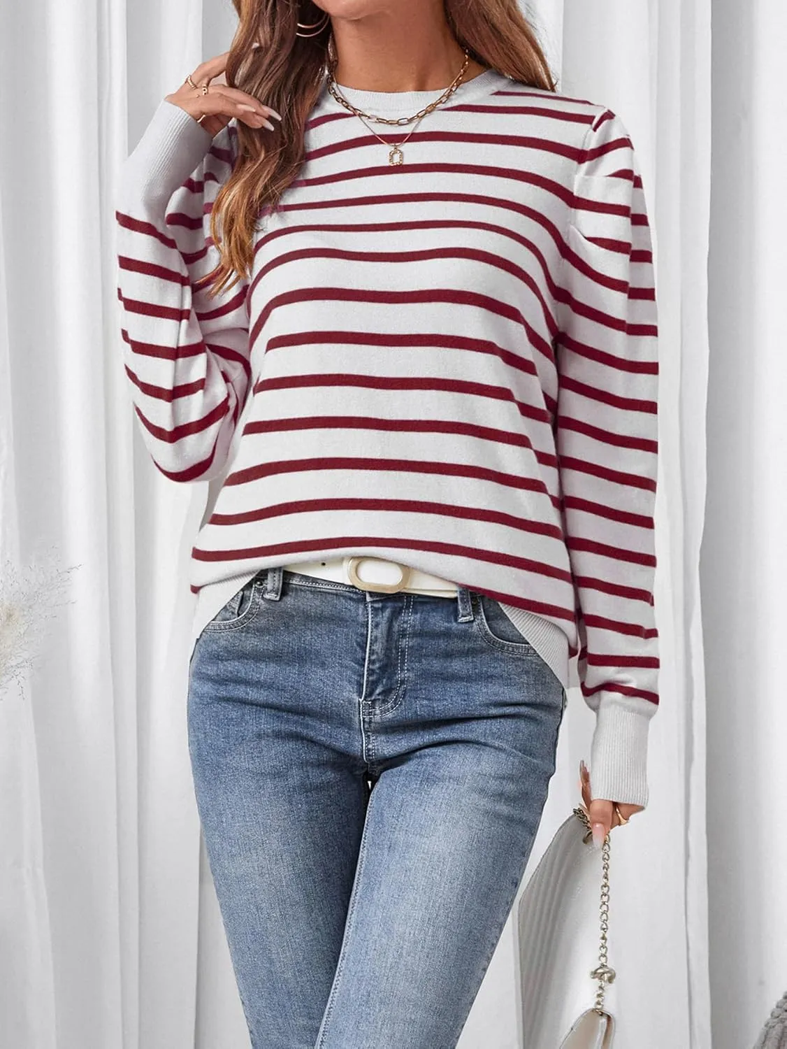 Women's Long Puff Sleeve Knit Tops Trendy Crew Neck Striped Blouses Casual Pullover Sweater