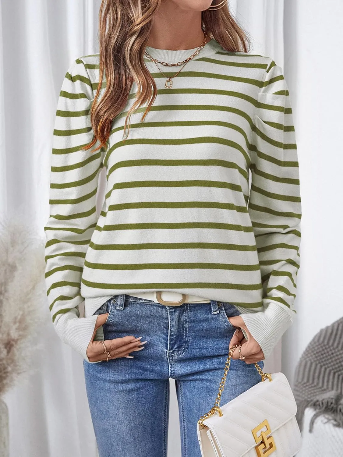 Women's Long Puff Sleeve Knit Tops Trendy Crew Neck Striped Blouses Casual Pullover Sweater