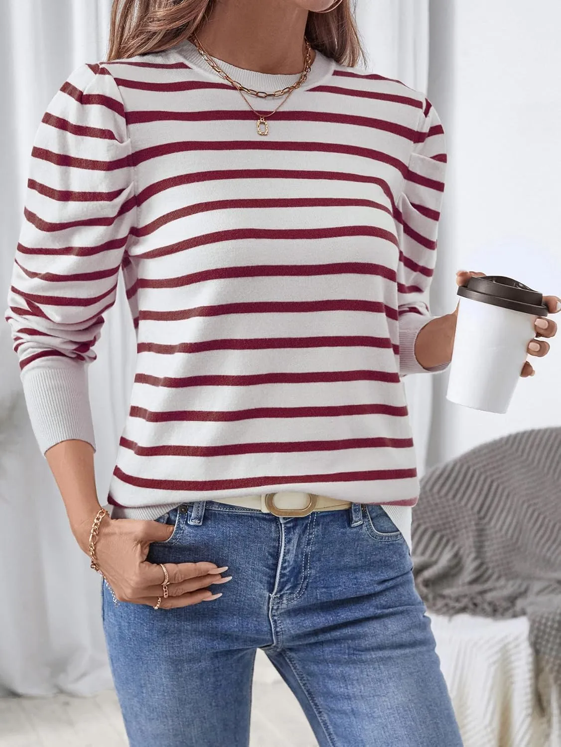 Women's Long Puff Sleeve Knit Tops Trendy Crew Neck Striped Blouses Casual Pullover Sweater