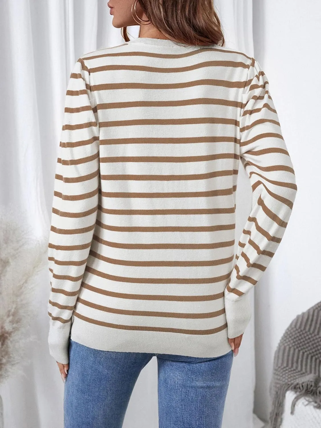 Women's Long Puff Sleeve Knit Tops Trendy Crew Neck Striped Blouses Casual Pullover Sweater