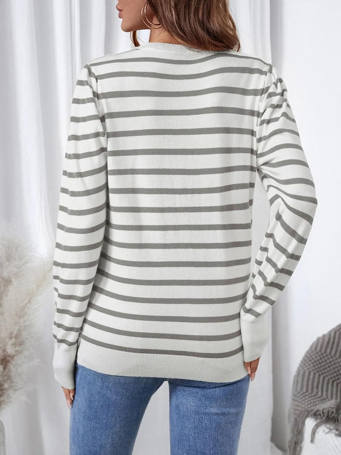 Women's Long Puff Sleeve Knit Tops Trendy Crew Neck Striped Blouses Casual Pullover Sweater