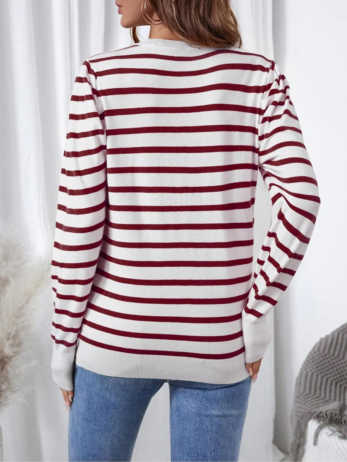 Women's Long Puff Sleeve Knit Tops Trendy Crew Neck Striped Blouses Casual Pullover Sweater